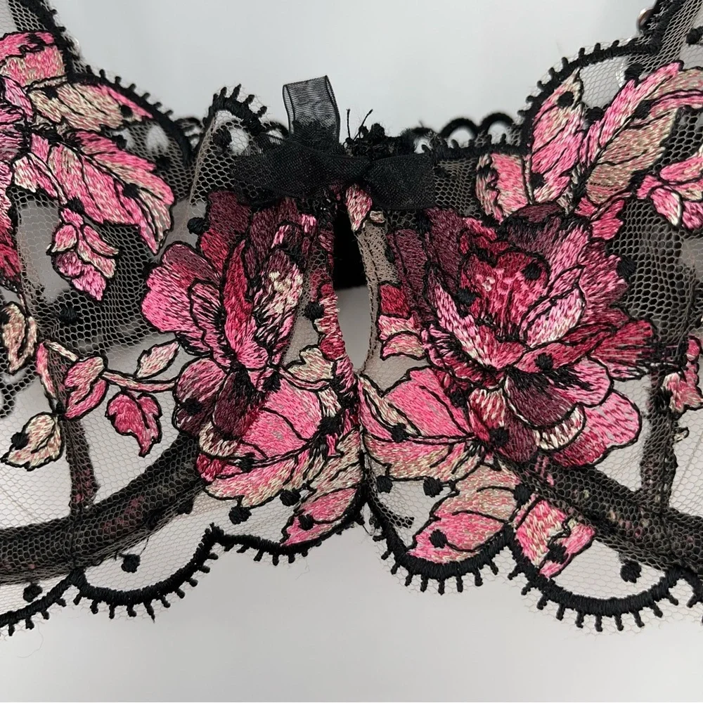 For Love And Lemons S Juliet Black Pink Floral Lace Bra small unlined